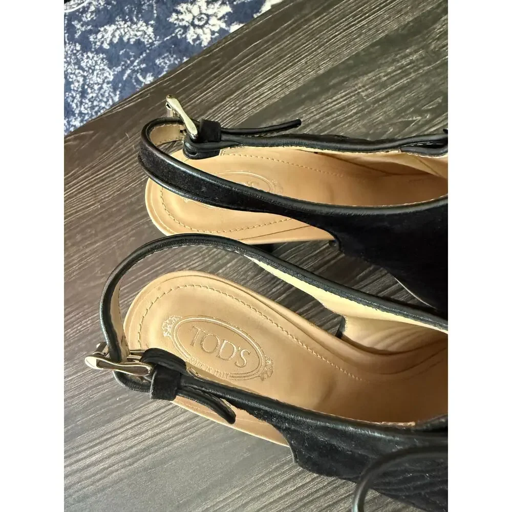 Tod's Black Suede Lace-up, Peep-Toe Slingback Sandals Sz. 38.5